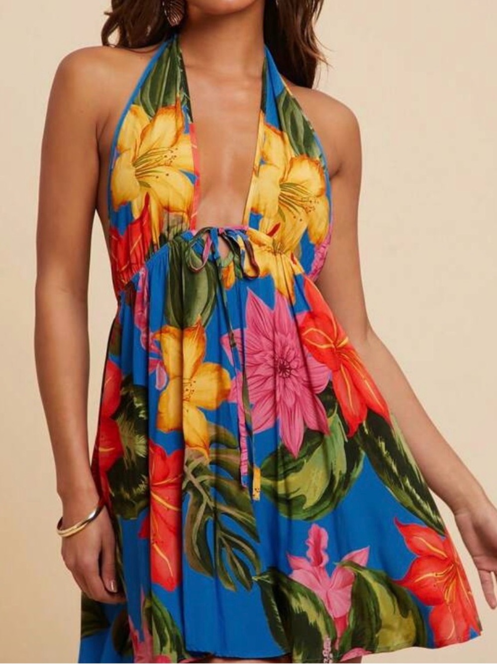 SHEIN Blue Tropical Halter Backless Mini Dress